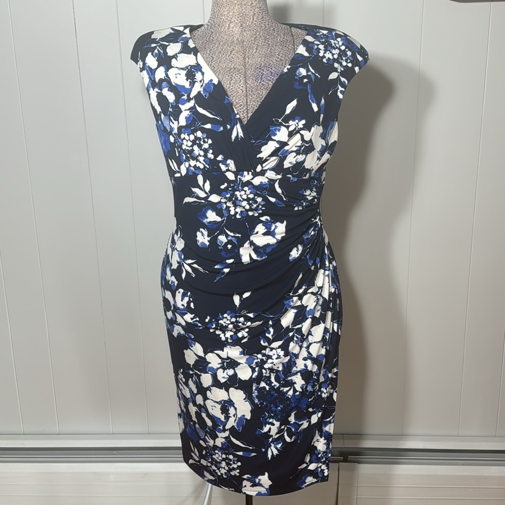 Lauren Ralph Lauren Womens 8 Cap Sleeve Dress Stretchy Blue White V-Neck